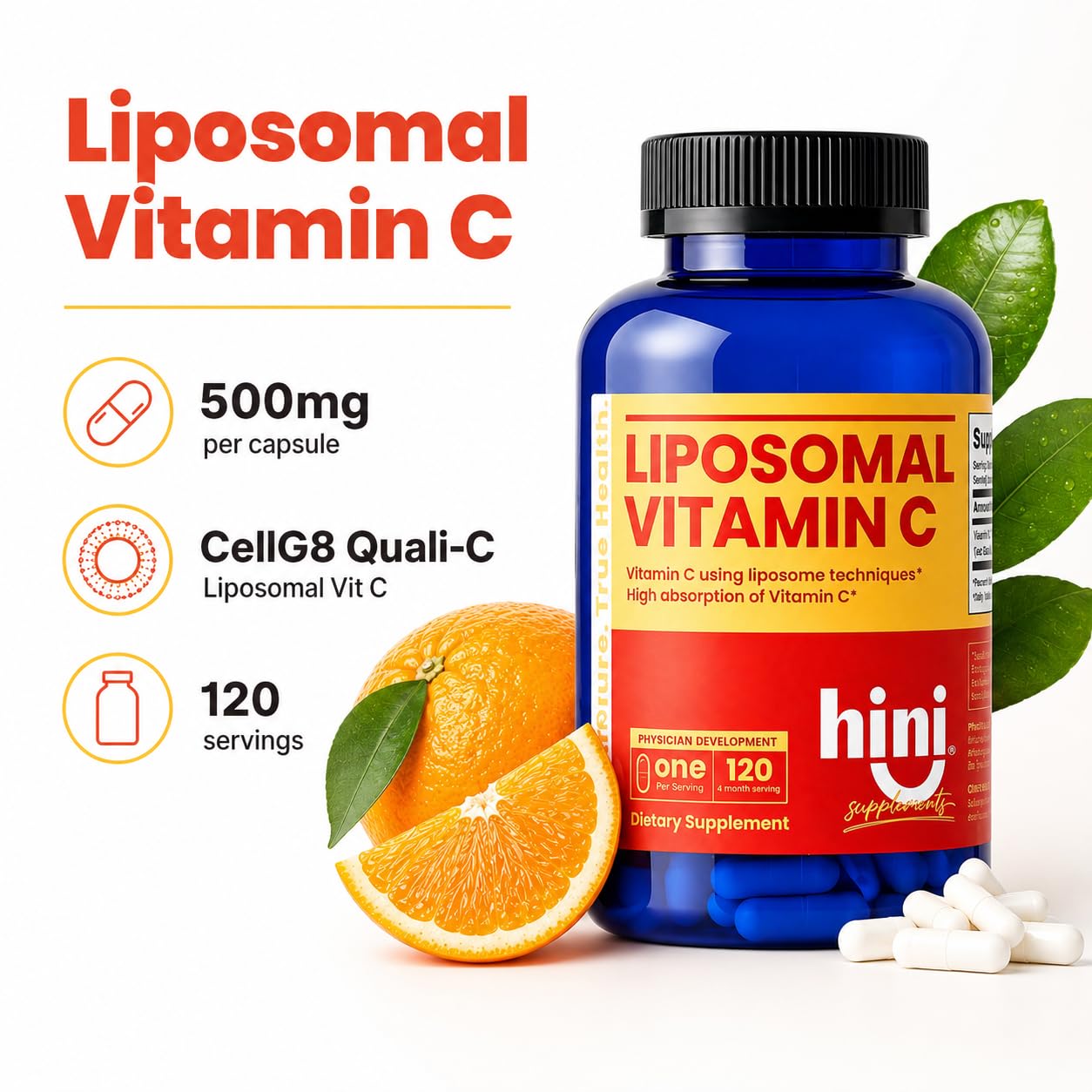 HINI Liposomal Vitamin C 500mg capsules with measuring spoon