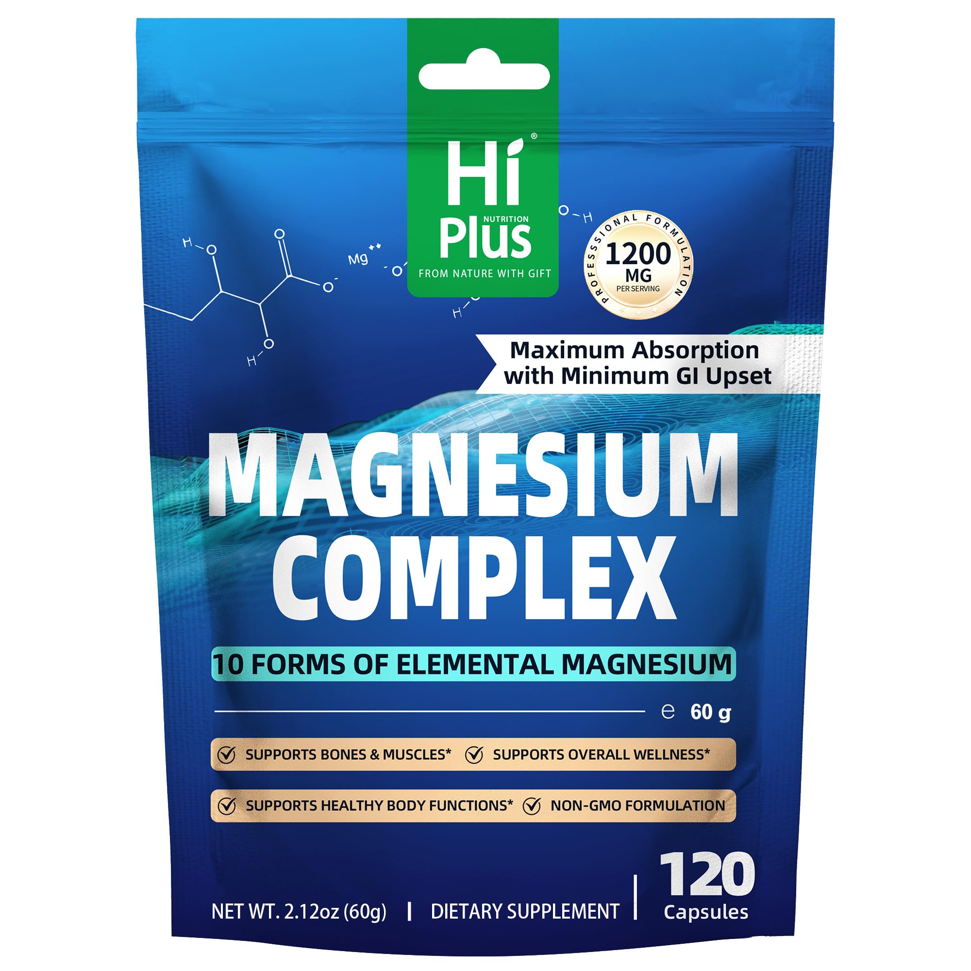 HiPlus Magnesium Complex Supplement 1200mg front view of packaging