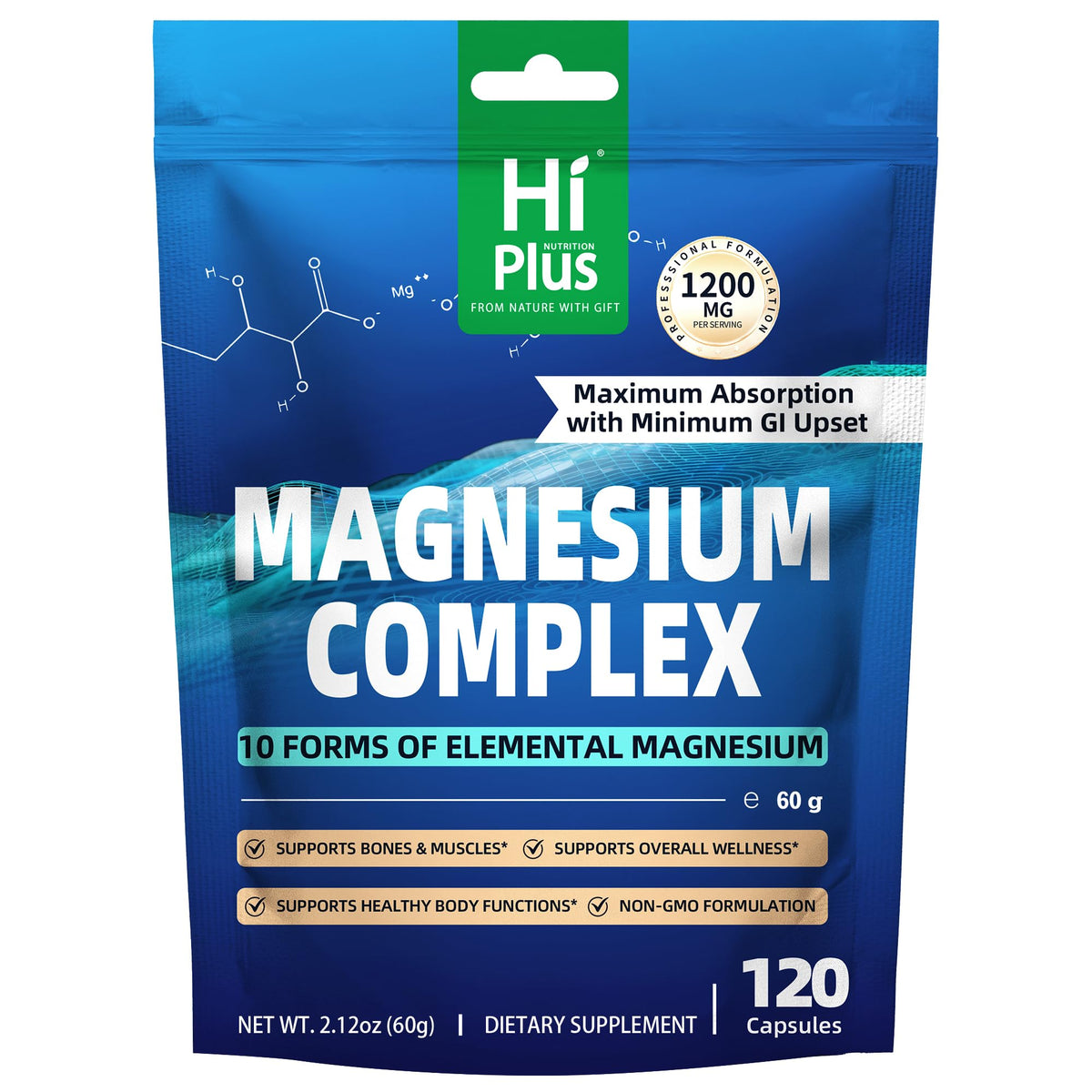 HiPlus Magnesium Complex Supplement 1200mg front view of packaging