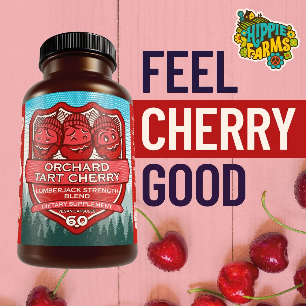 Hippie Farms Tart Cherry Capsules 45g on a wooden table