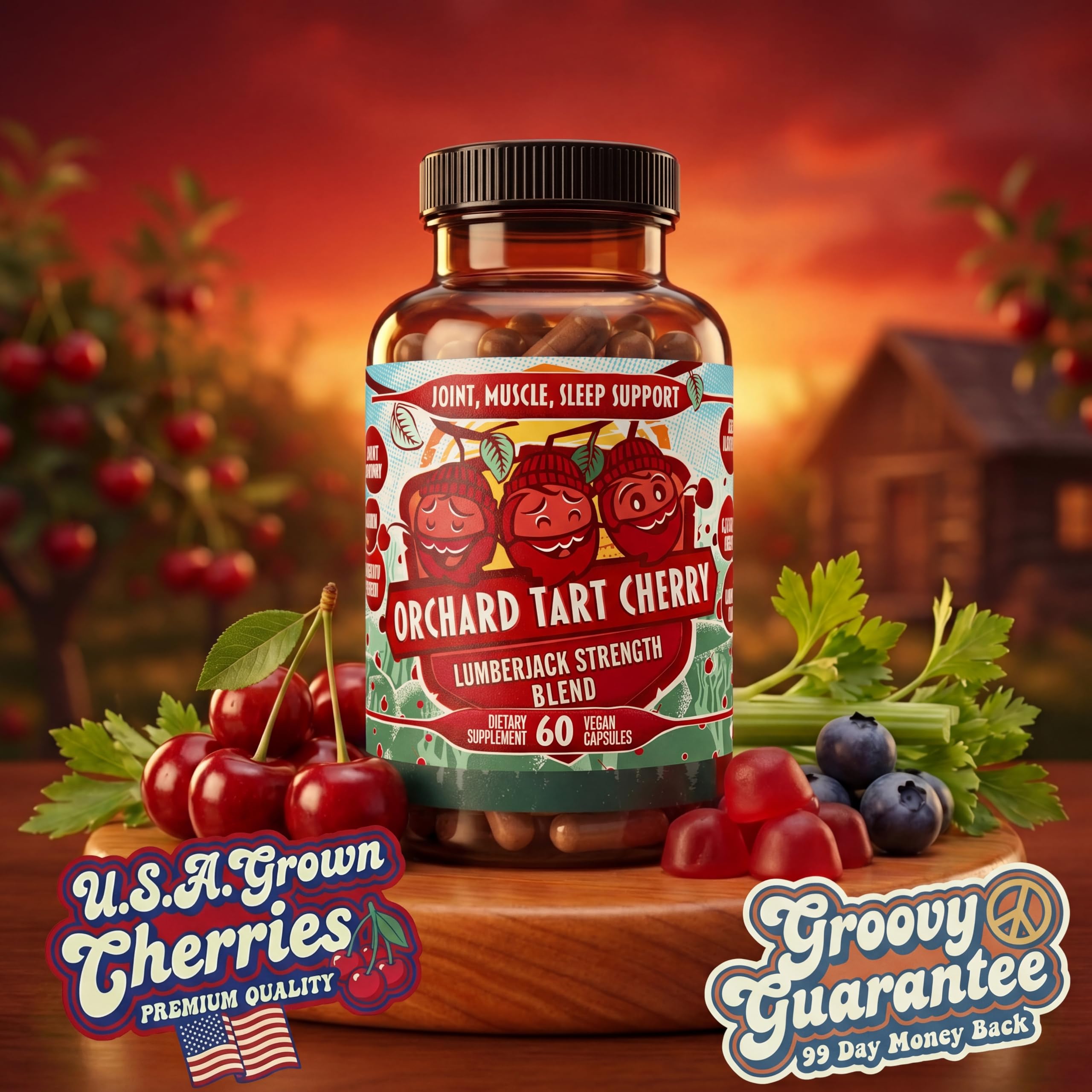 Hippie Farms Tart Cherry Capsules lifestyle scene with fruits