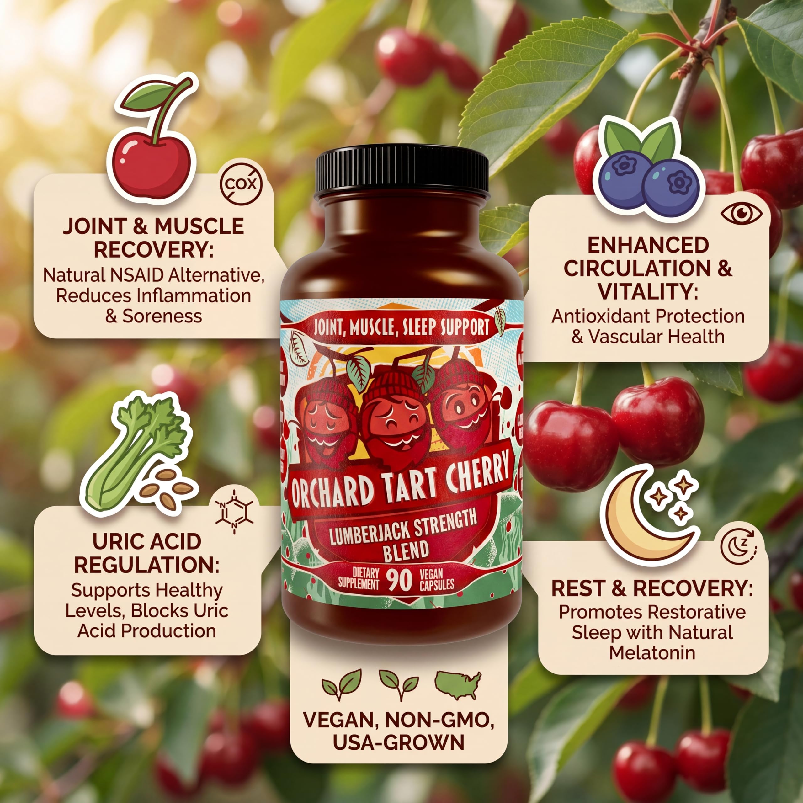 Hippie Farms Tart Cherry Capsules with a handful of cherries