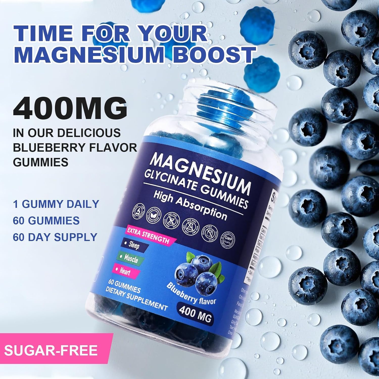 HISOKOI Magnesium Gummies 400mg in a bowl with fresh blueberries
