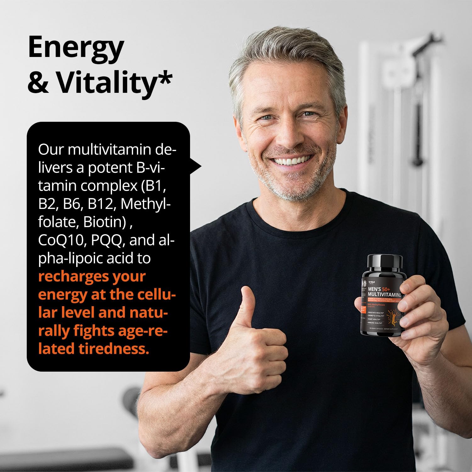 HiWell Absorfyx Men's 50+ Multivitamins with a measuring cup