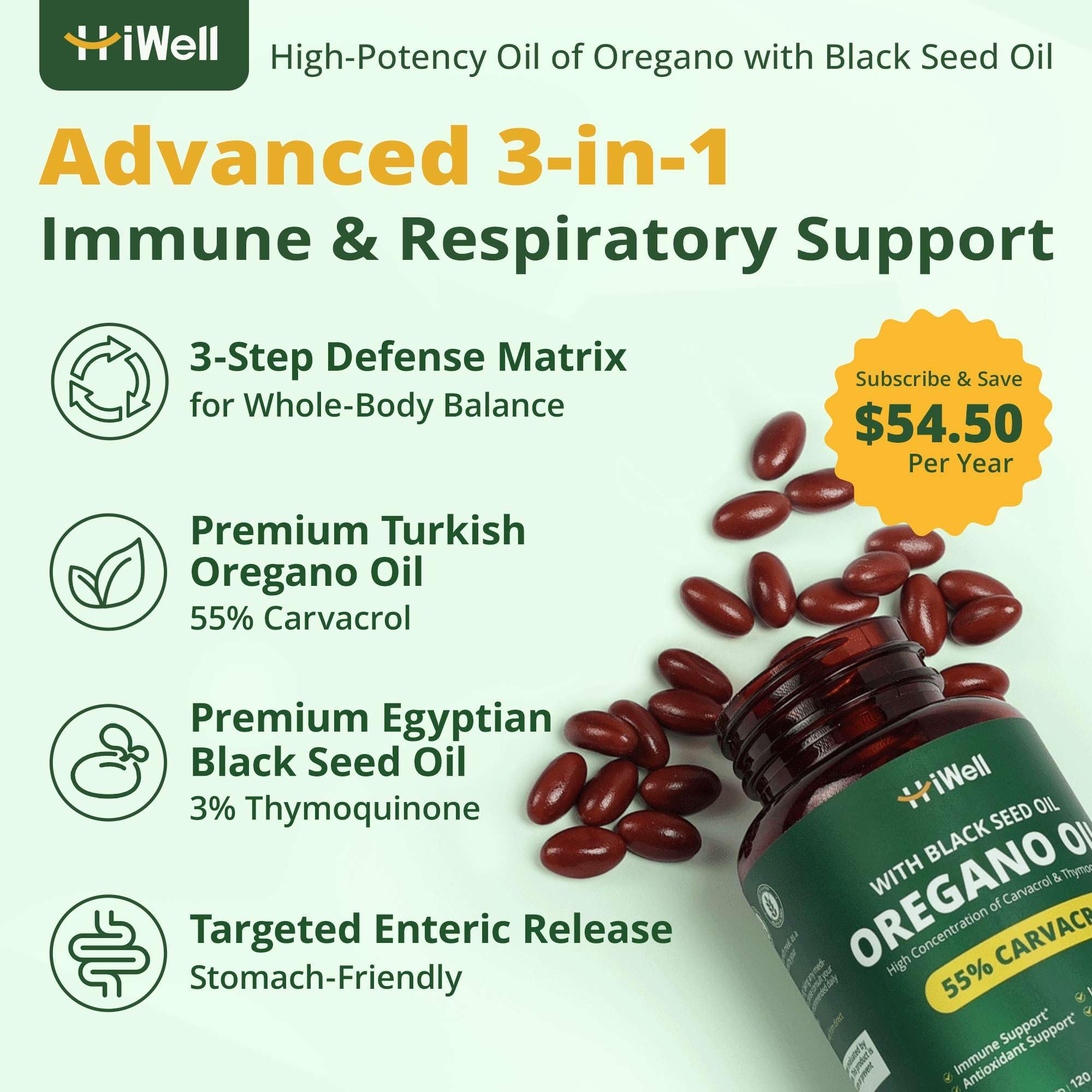 HiWell Oregano Oil Softgels 60-count back view