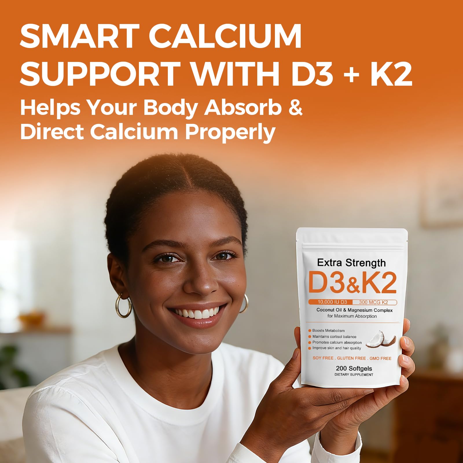 Hlonns Vitamin D3 & K2 softgels on a wooden table