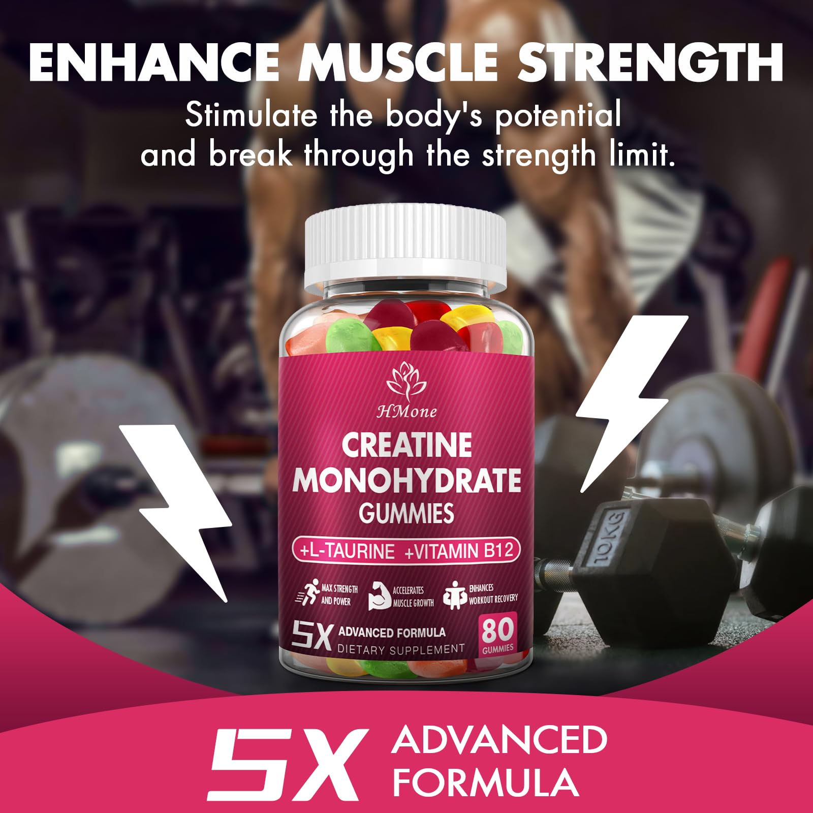 HMone Creatine Gummies bottle with a hand holding it