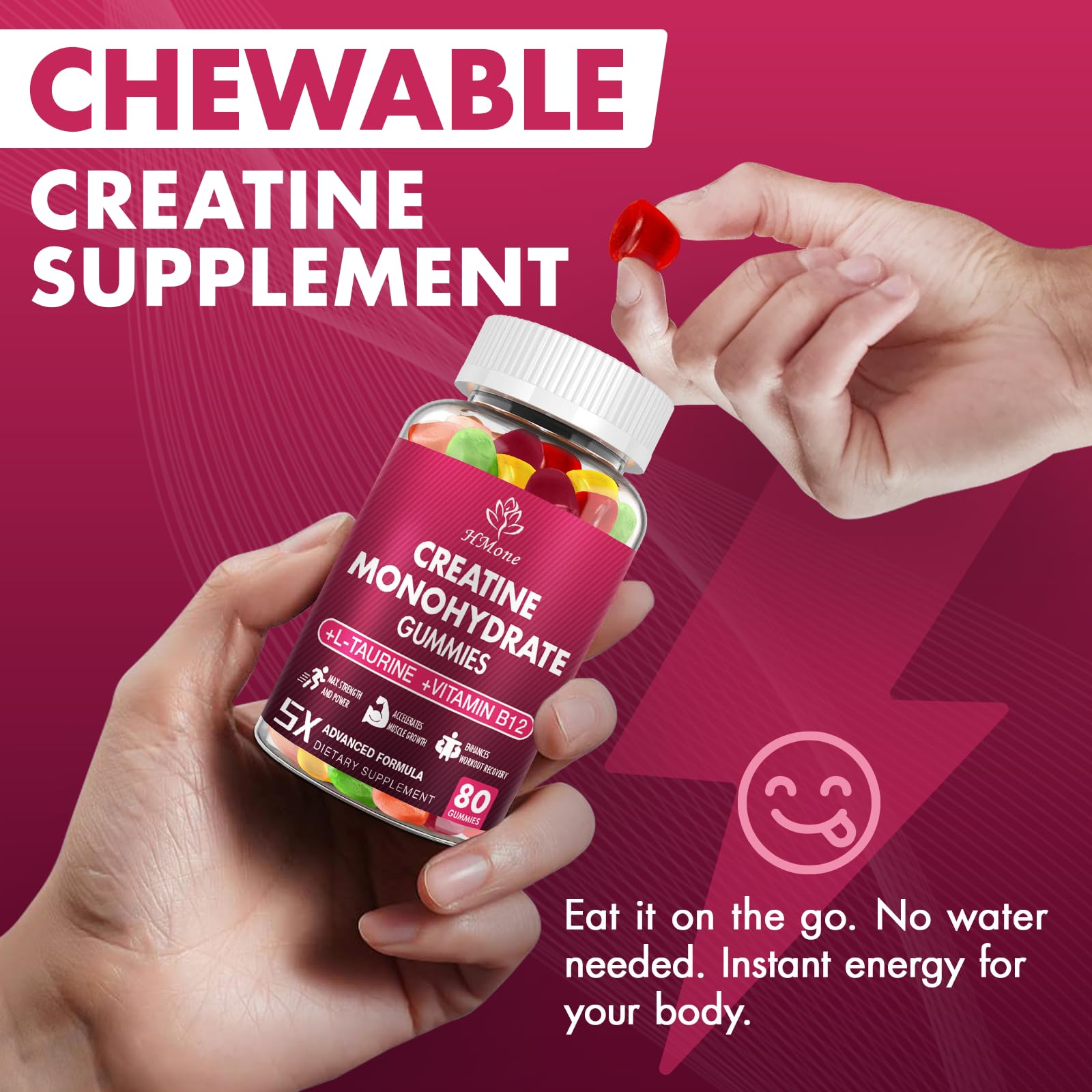 HMone Creatine Gummies displayed with workout gear