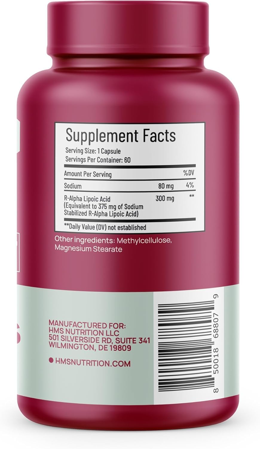 HMS Nutrition Alpha Lipoic Acid 300 mg capsules side view