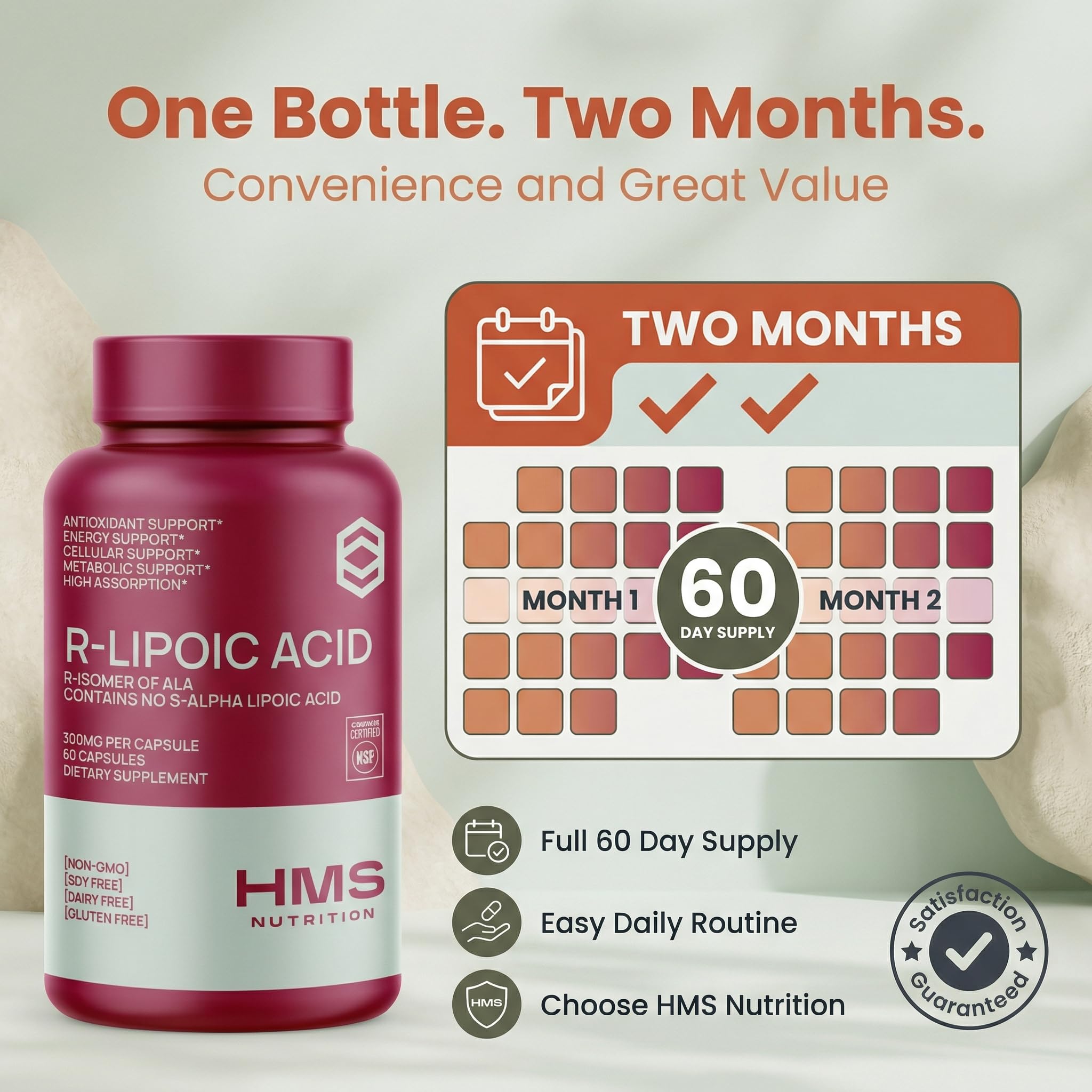 HMS Nutrition Alpha Lipoic Acid 300 mg capsules with a measuring spoon