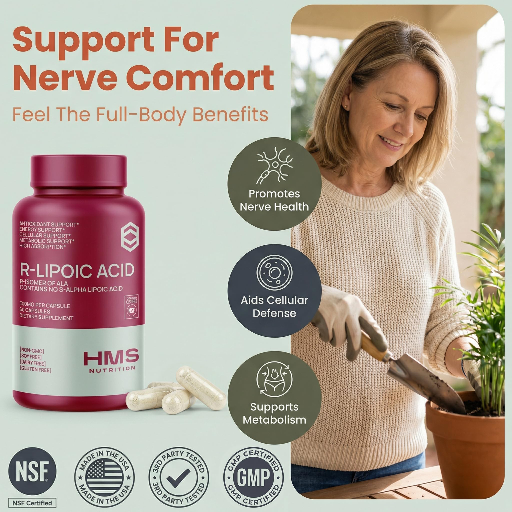 HMS Nutrition Alpha Lipoic Acid 300 mg capsules with packaging