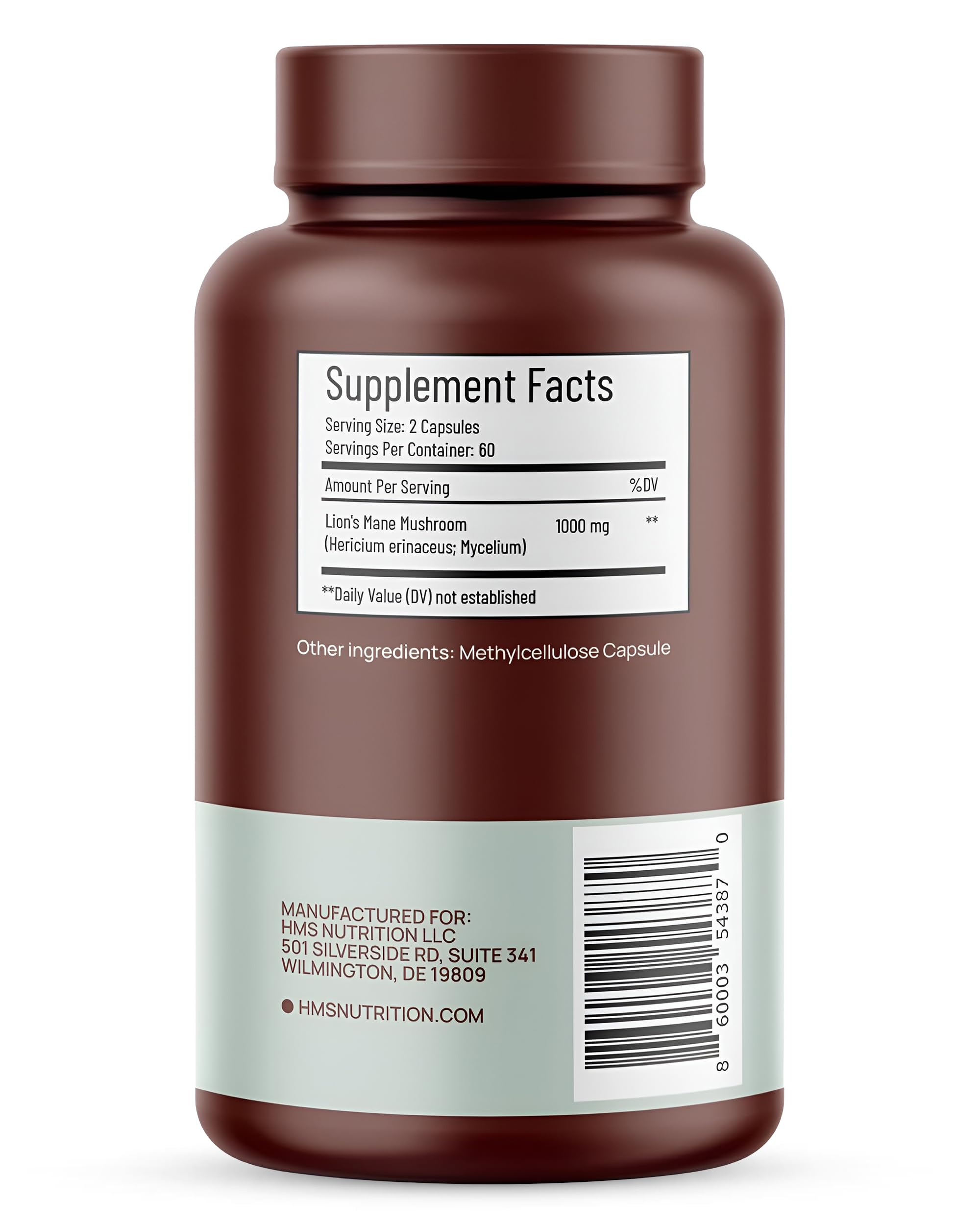 HMS Nutrition Lion's Mane Mushroom Capsules 1000mg side view with label