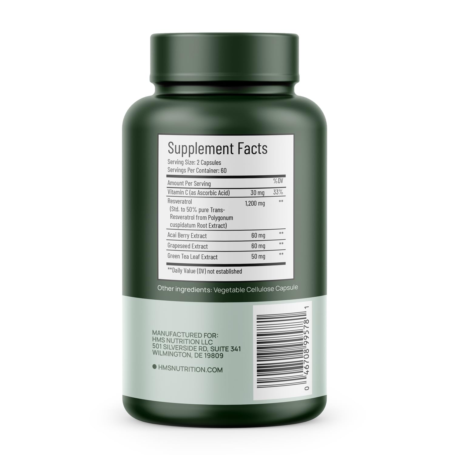 HMS Nutrition Resveratrol Supplement 1400mg capsules close-up