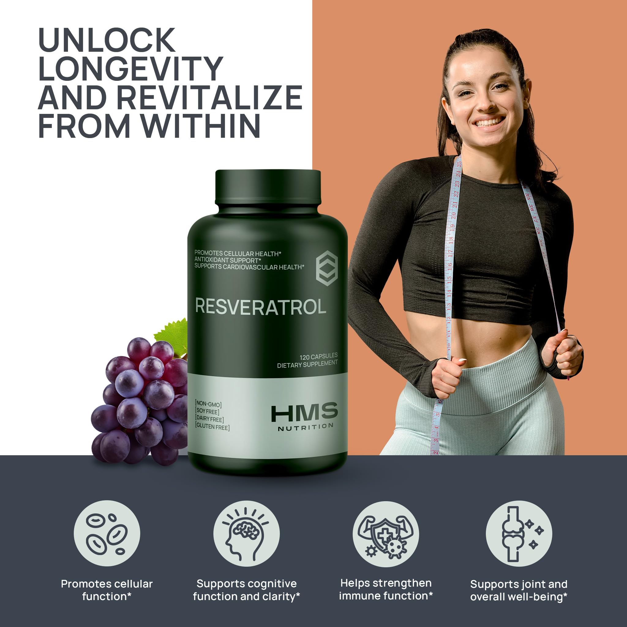 HMS Nutrition Resveratrol Supplement 1400mg packaging on a table