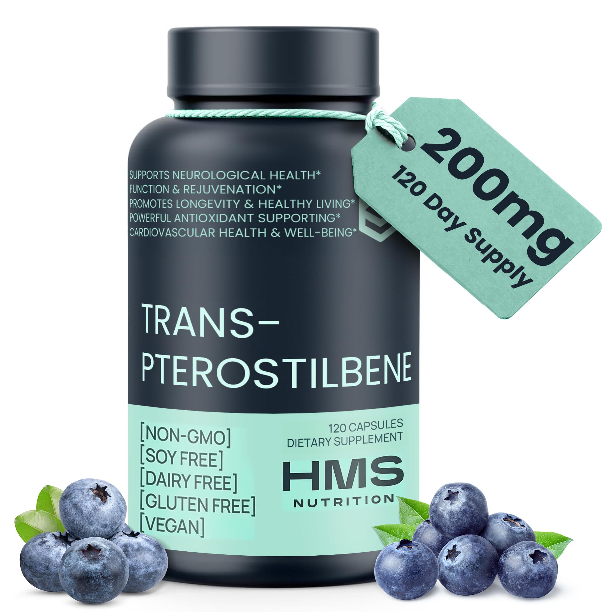 HMS Nutrition Trans-Pterostilbene 200 mg Vegan Capsules front view