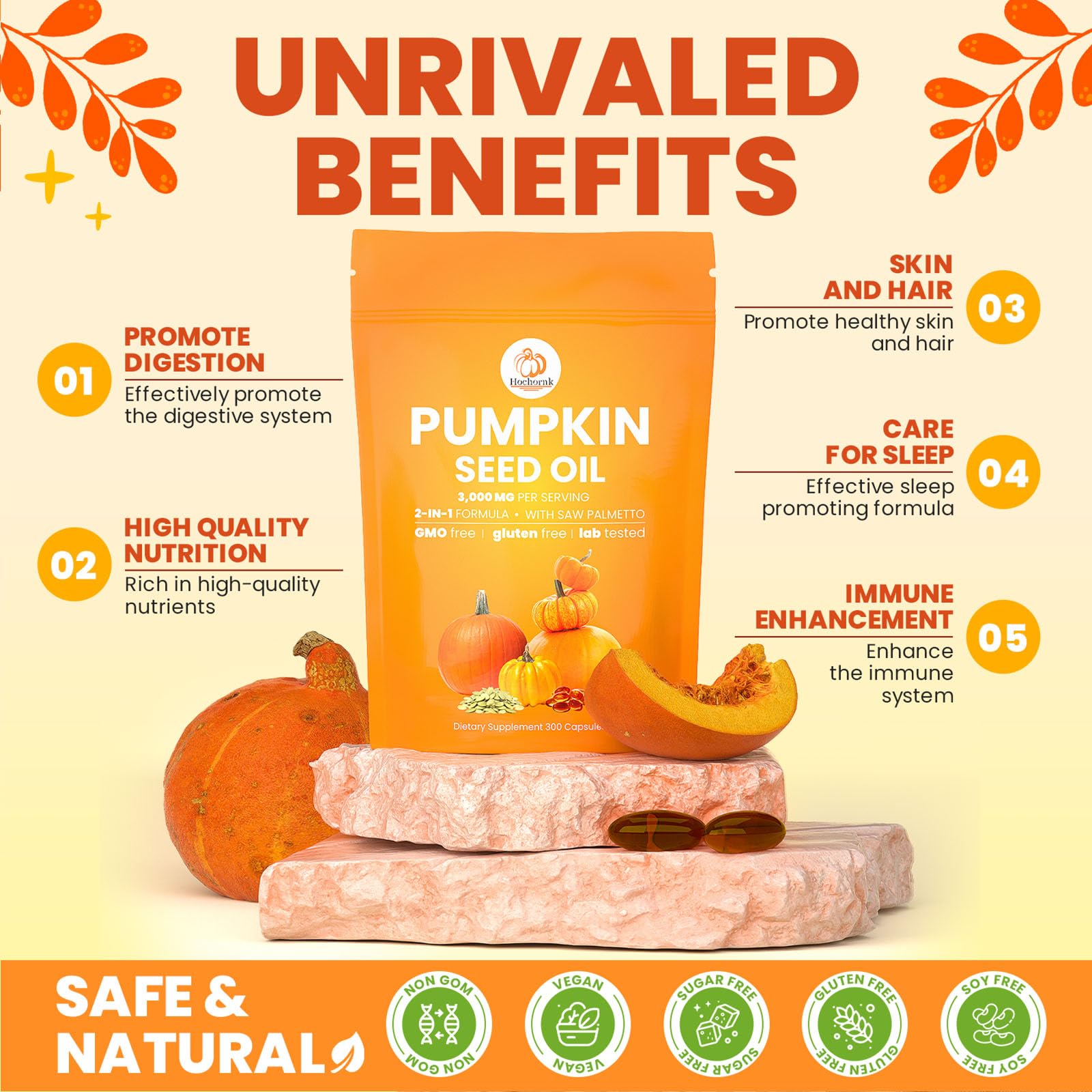 Hochornk Pumpkin Seed Oil with Saw Palmetto softgels side view