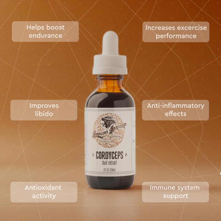 Hodgins Harvest Cordyceps Tincture on wooden table