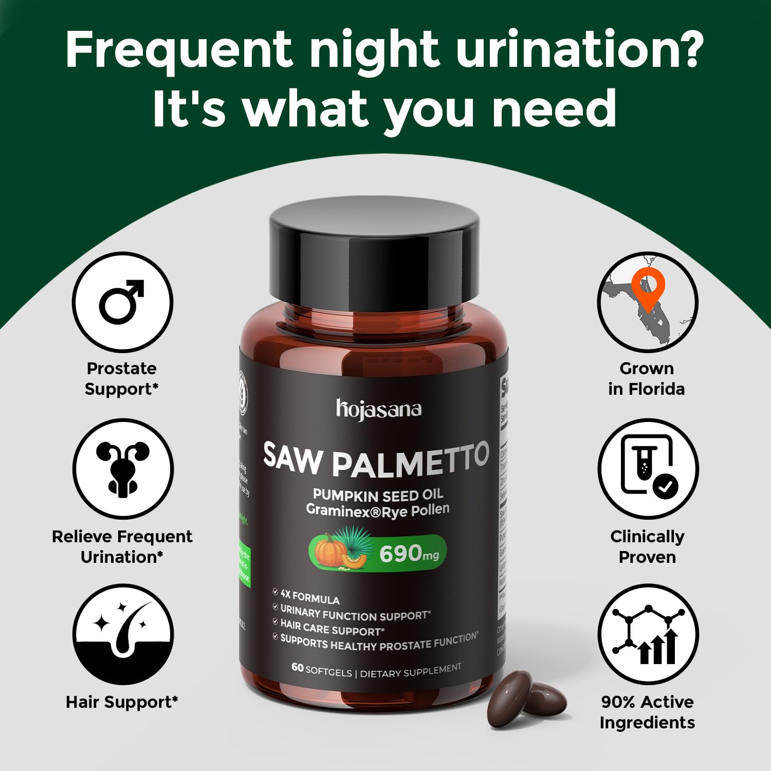 HojaSana Saw Palmetto Extract softgels side view