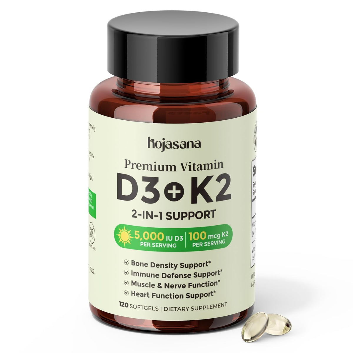 HojaSana Vitamin D3 & K2 softgels front view
