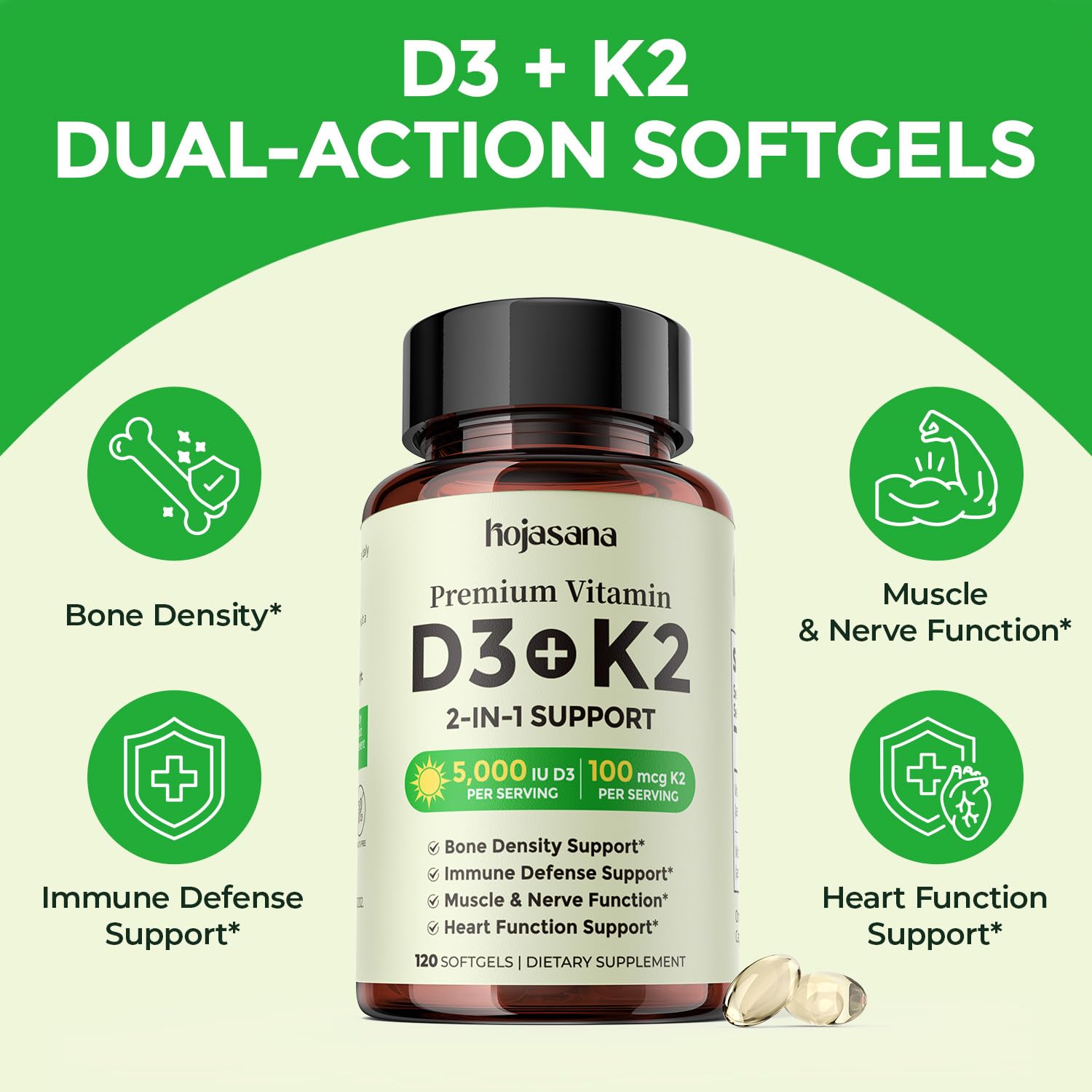 HojaSana Vitamin D3 & K2 softgels on a kitchen counter