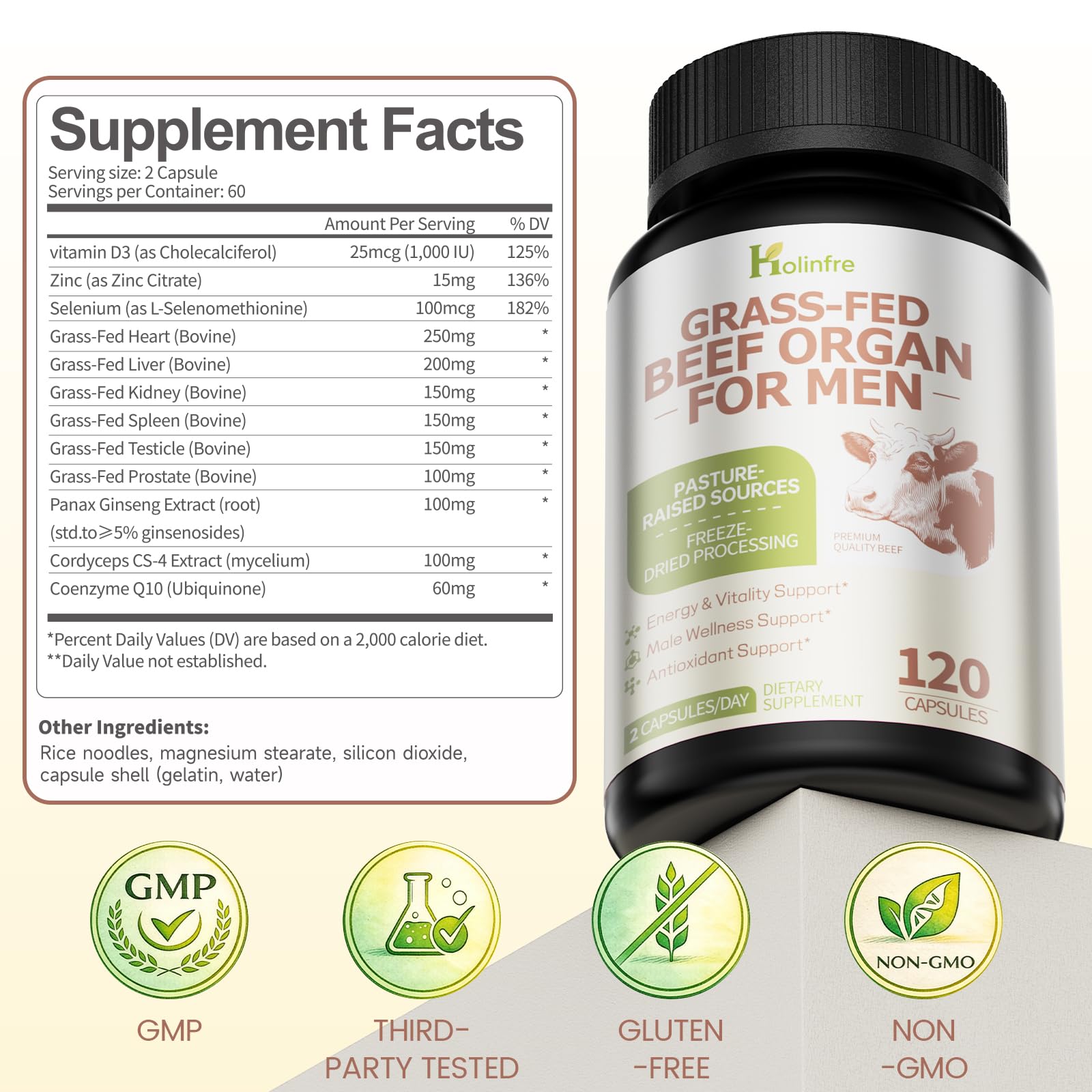 HOLINFRE Men's Beef Organ Formula 180 Capsules with label details