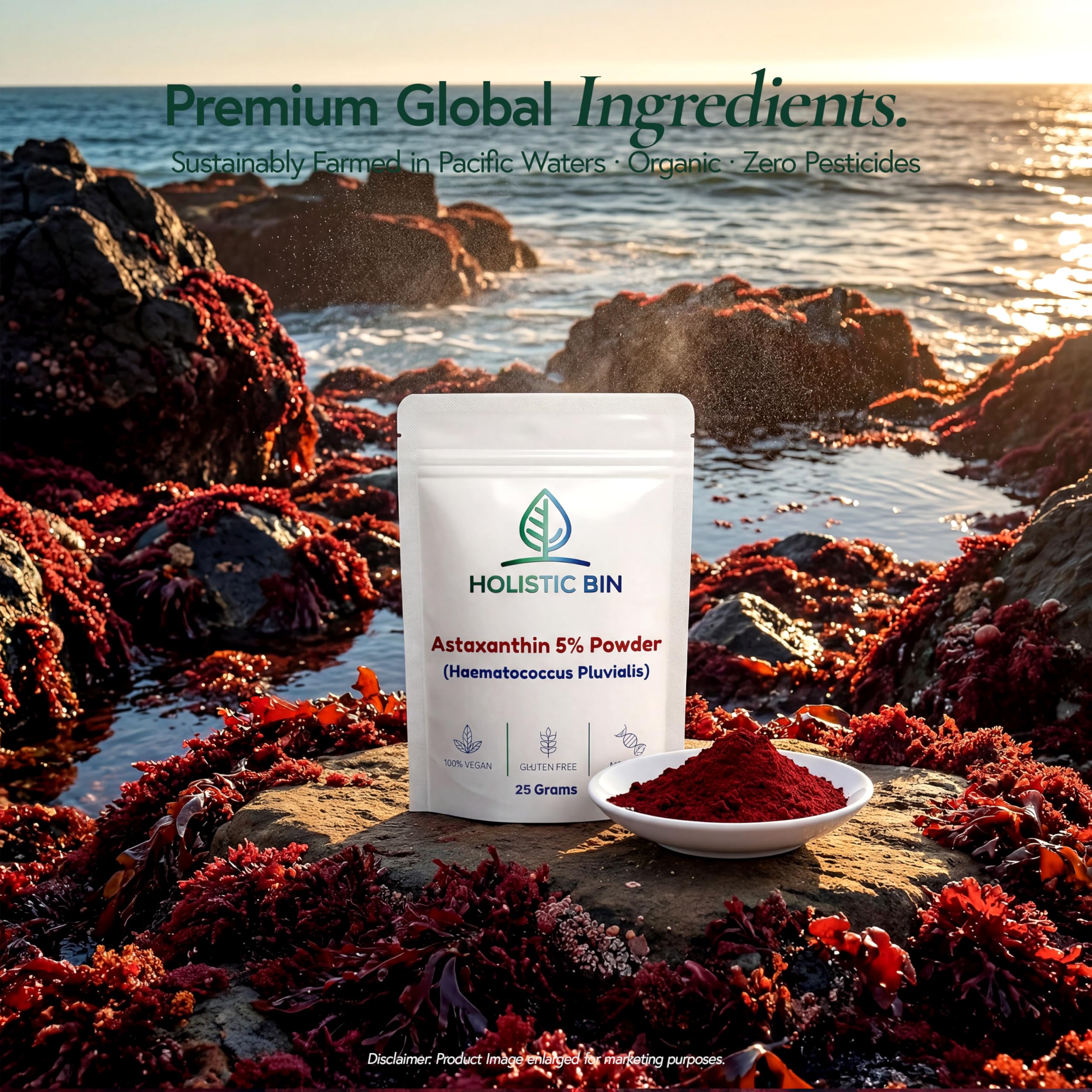 Holistic Bin Astaxanthin Powder on a kitchen counter