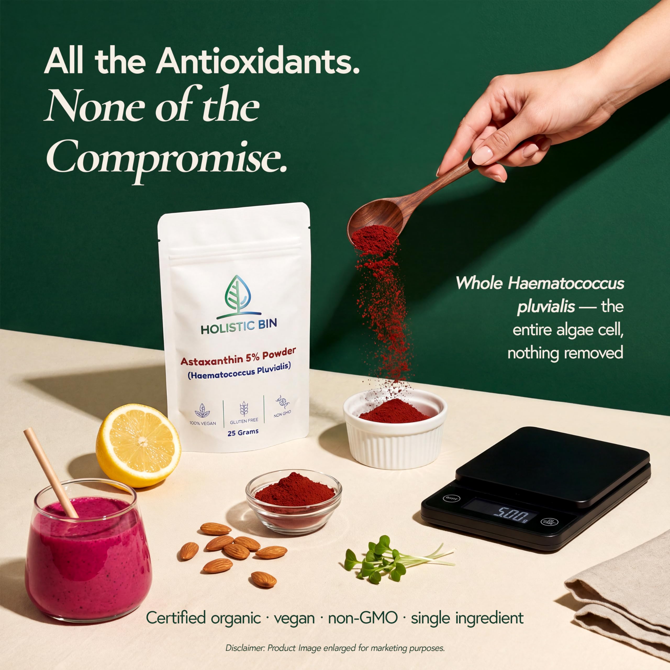 Holistic Bin Astaxanthin Powder packaging and scoop