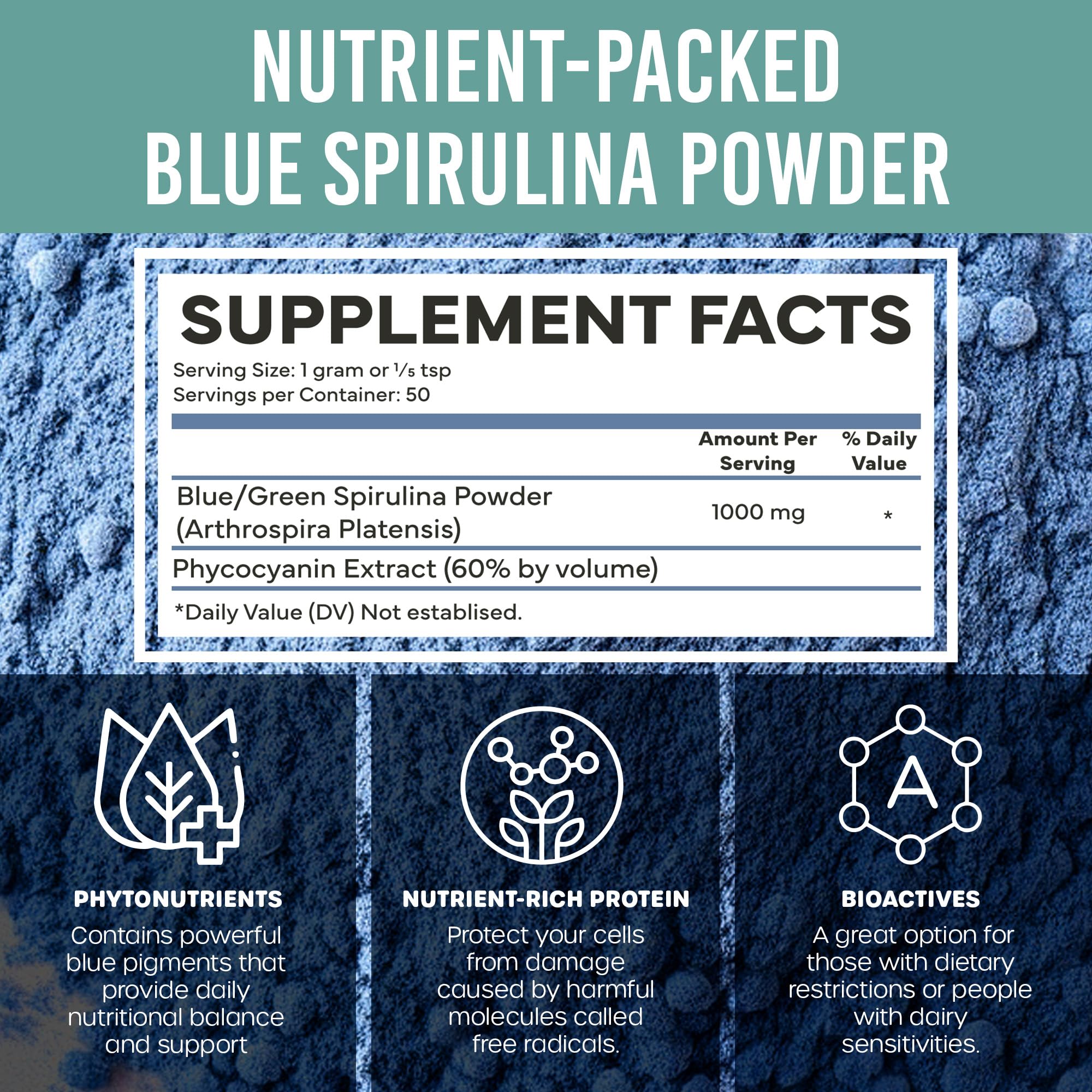 Holistic Bin Blue Spirulina Powder in a bowl with a spoon
