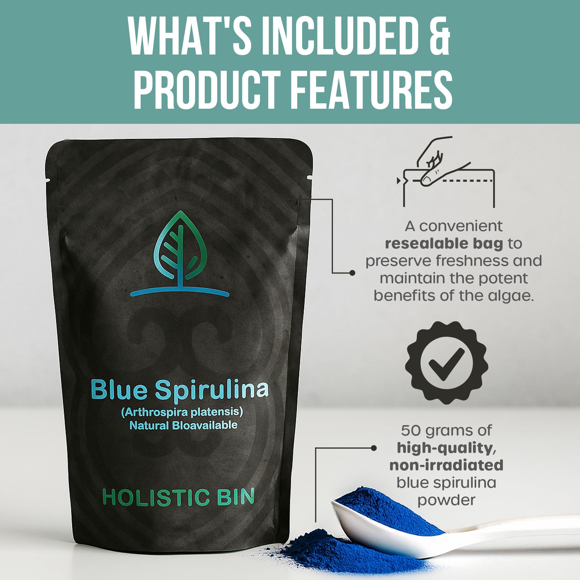Holistic Bin Blue Spirulina Powder side view with nutritional information