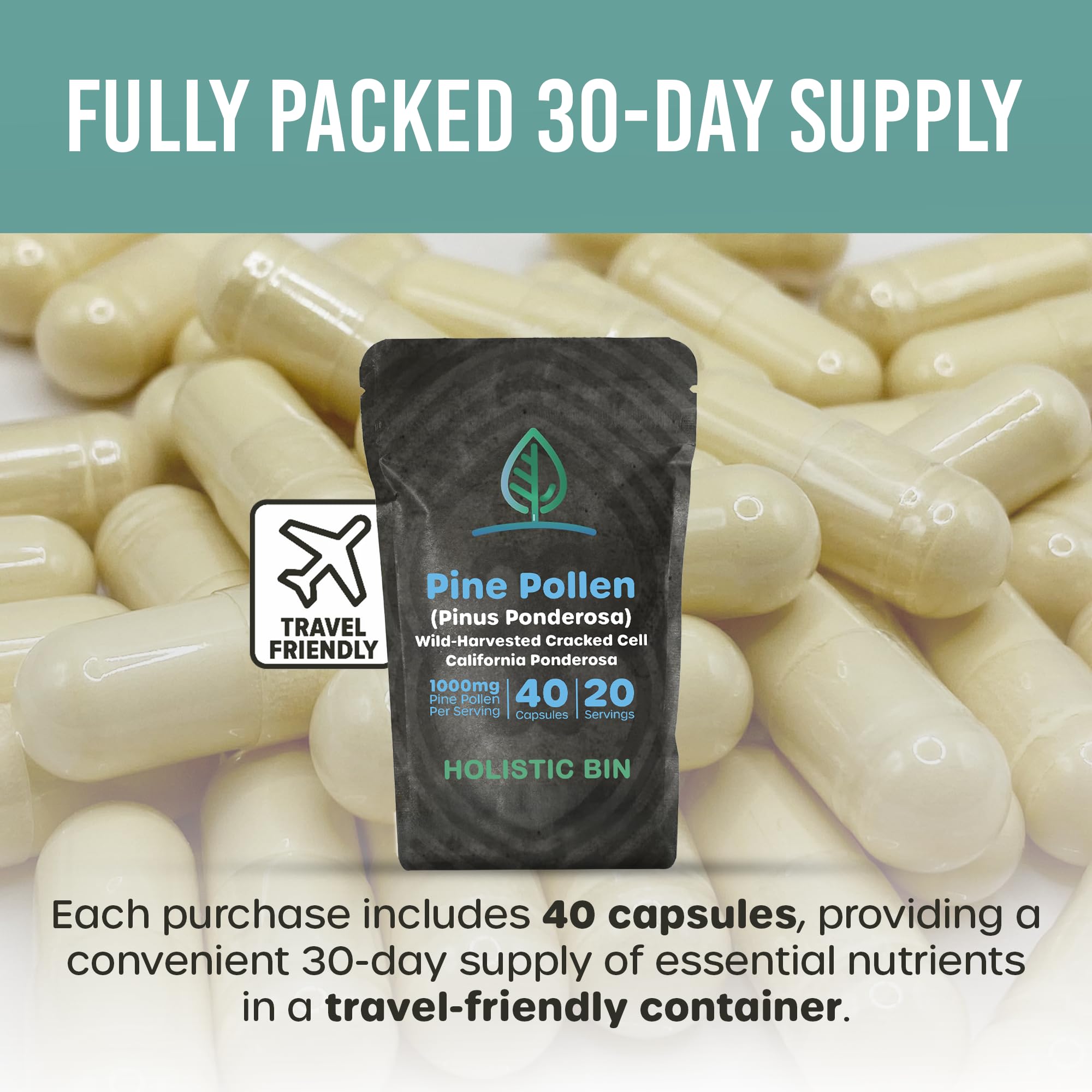 Holistic Bin Pine Pollen Capsules 500mg close-up of capsules