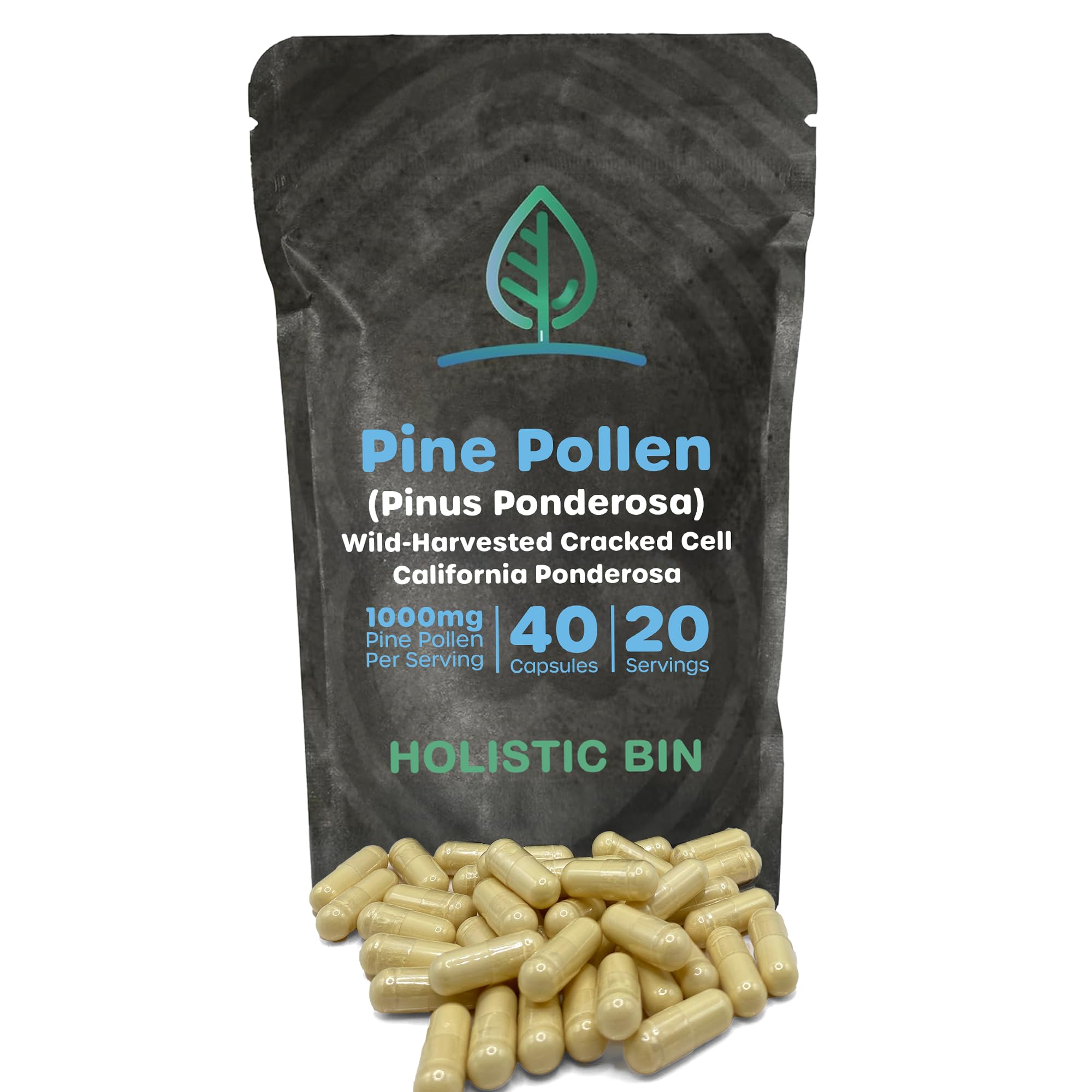 Holistic Bin Pine Pollen Capsules 500mg front view