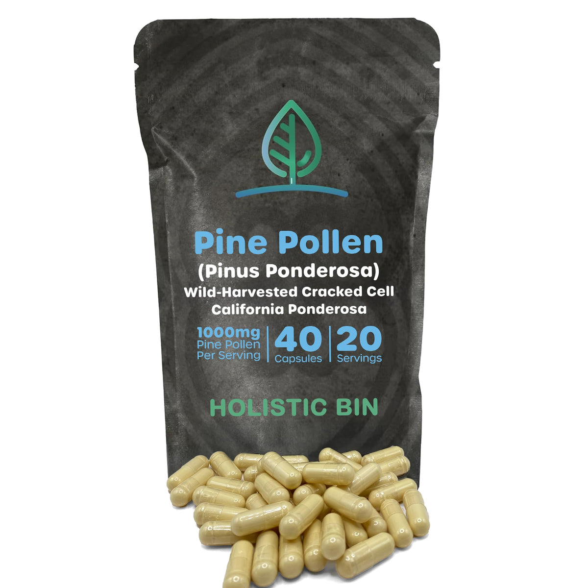 Holistic Bin Pine Pollen Capsules 500mg front view