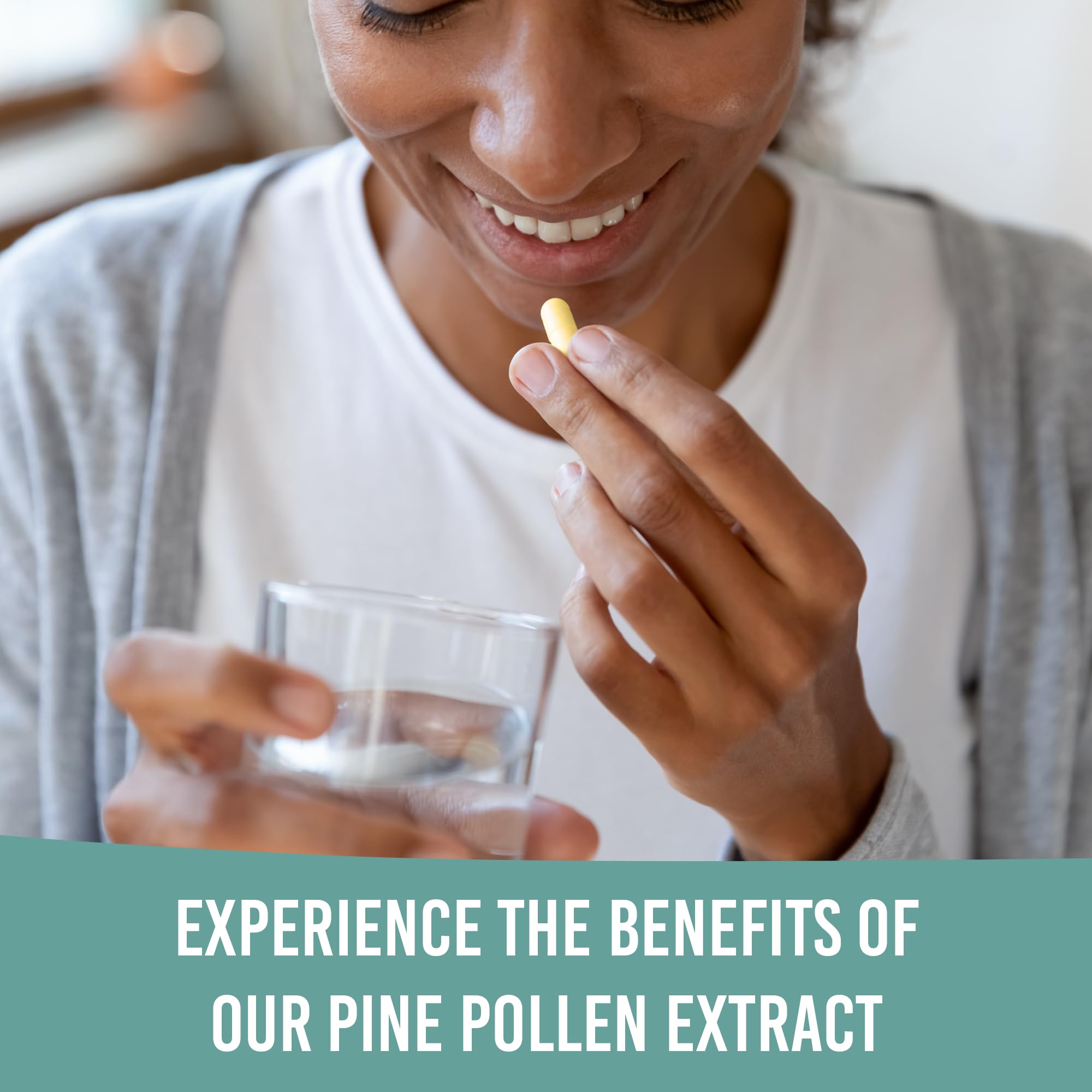 Holistic Bin Pine Pollen Capsules 500mg on a wooden table