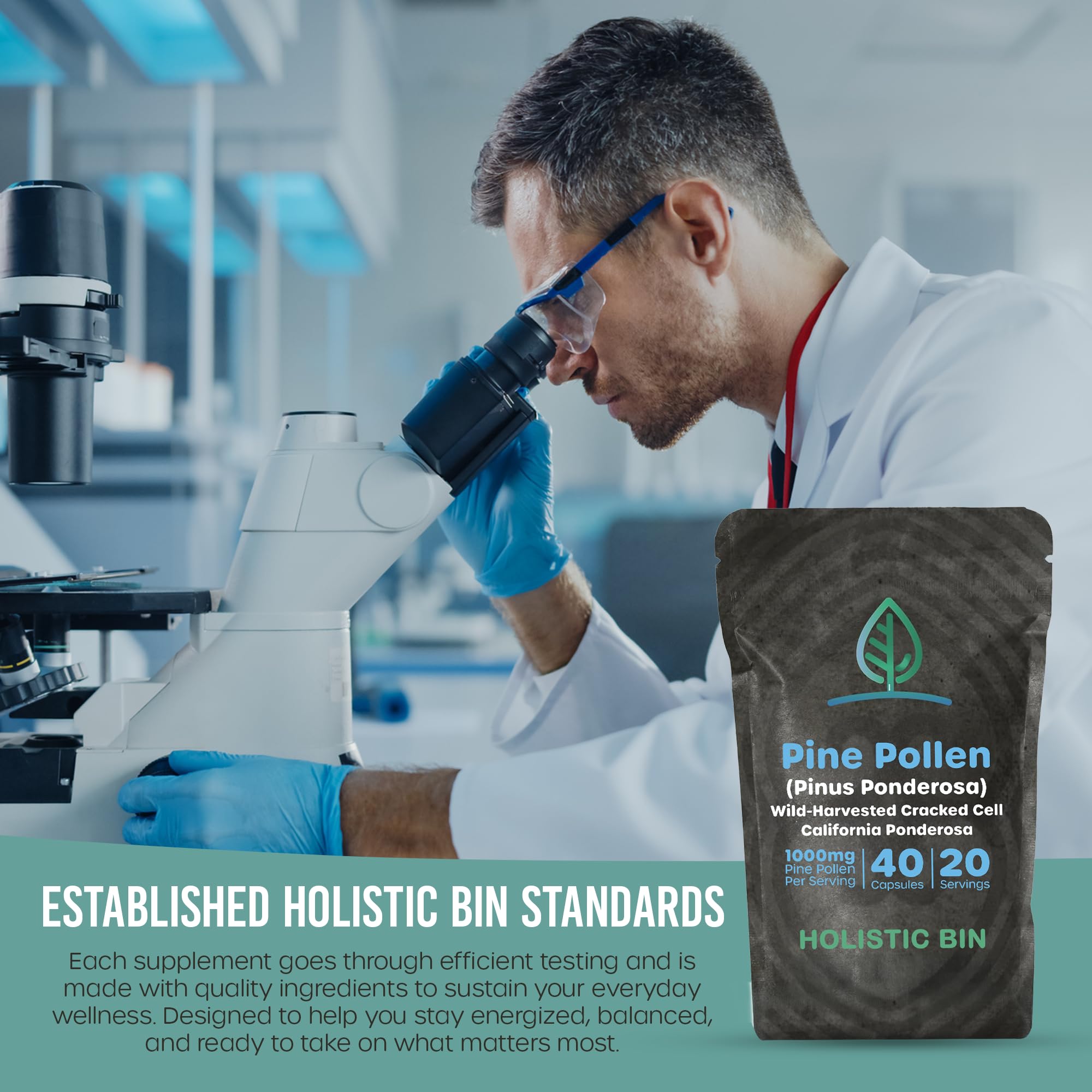 Holistic Bin Pine Pollen Capsules 500mg with measuring spoon