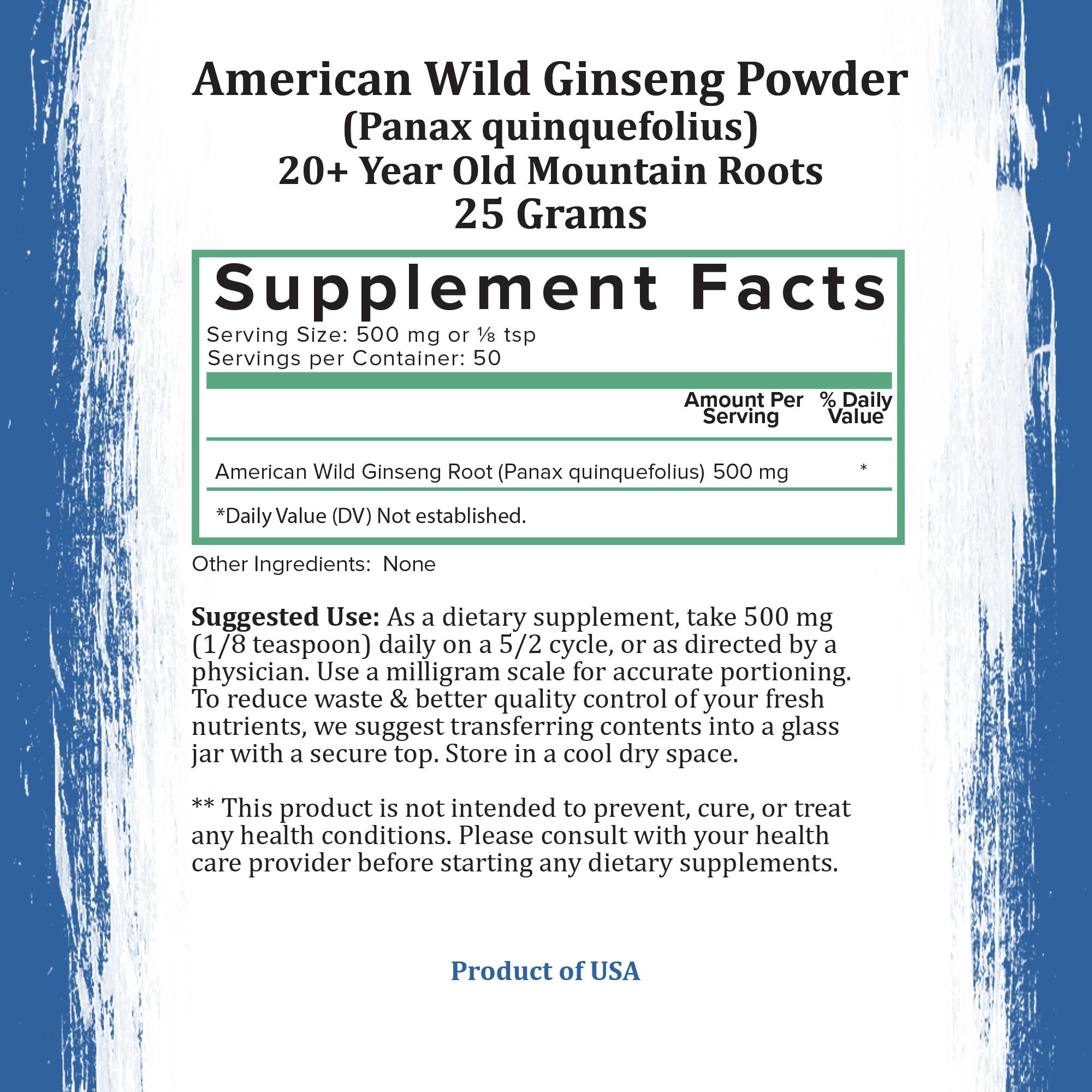 Holistic Bin Wild American Ginseng Root Powder nutritional information