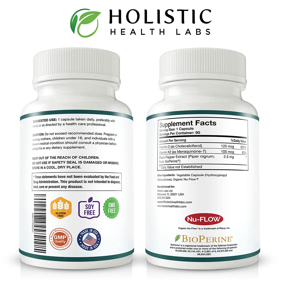 Holistic Health Labs Vitamin D3 & K2 Combination supplement back view
