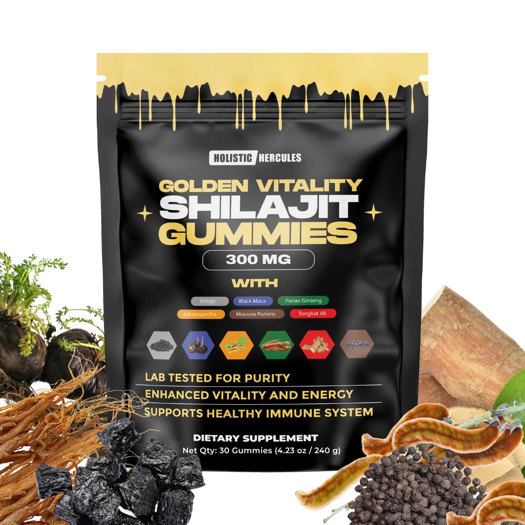Holistic Hercules Himalayan Gold Shilajit Gummies on a countertop