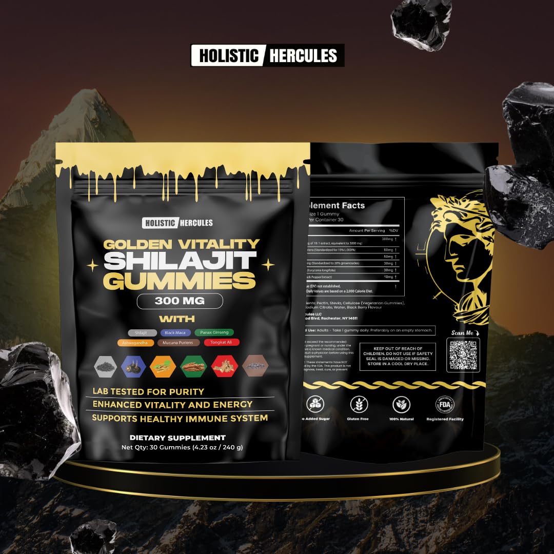 Holistic Hercules Himalayan Gold Shilajit Gummies with natural background