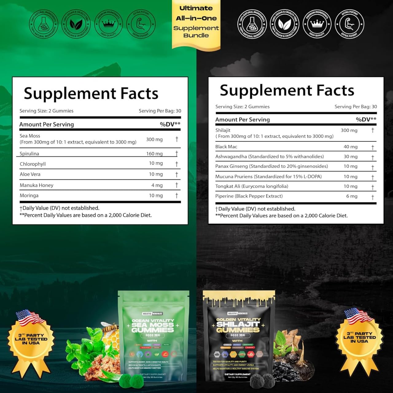 Holistic Hercules Sea Moss Gummies with assorted ingredients