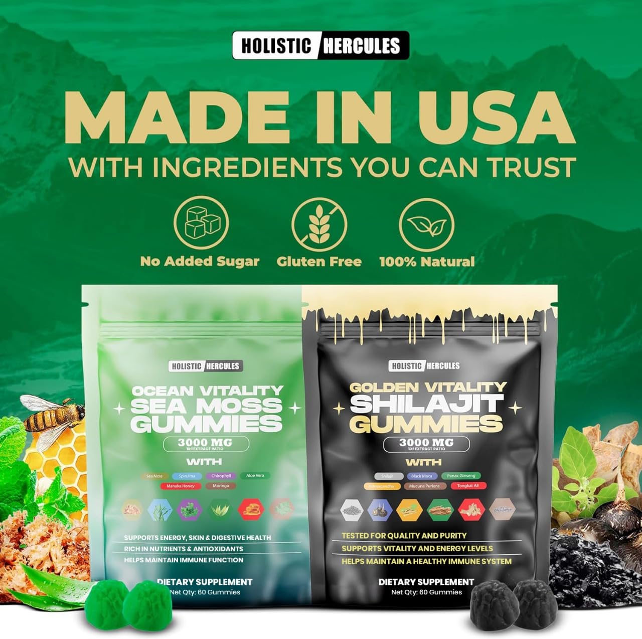 Holistic Hercules Shilajit Gold Gummies side view with packaging