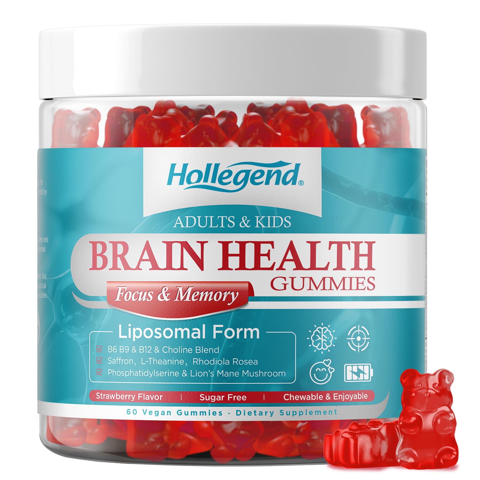 HOLLEGEND Brain Health Gummies front view with strawberry flavour