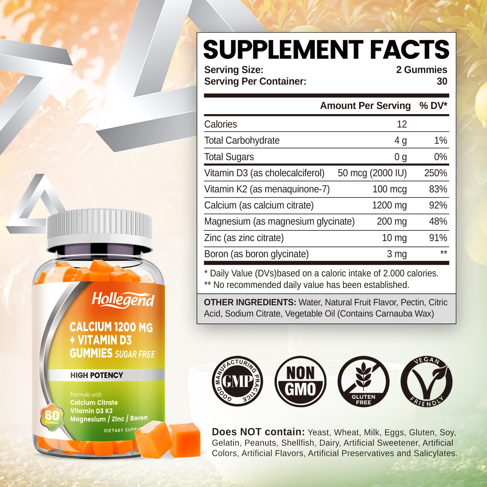 HOLLEGEND Calcium Citrate Gummies showing lemon flavour