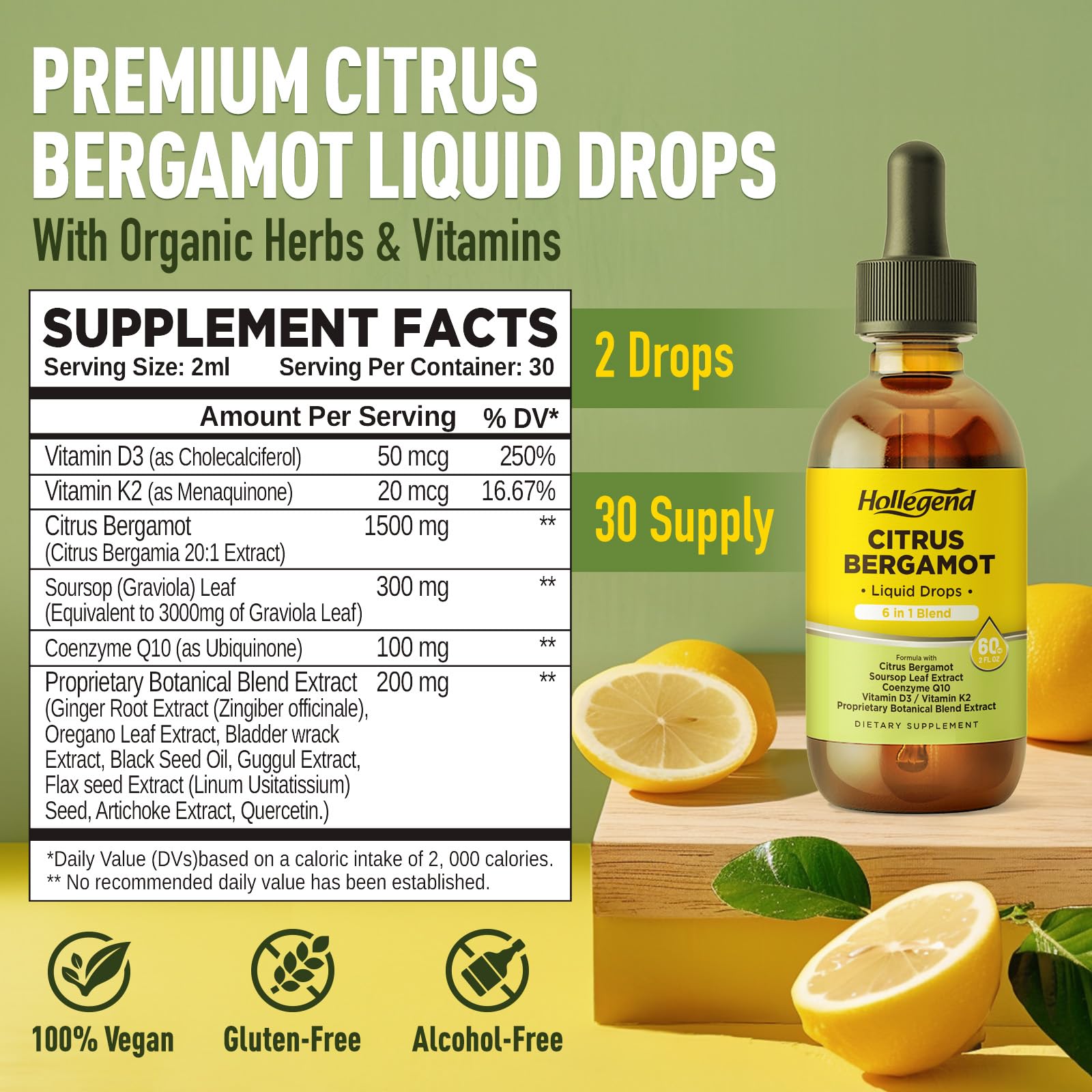 HOLLEGEND Citrus Bergamot 6-In-1 Supplement bottle with lemon flavour