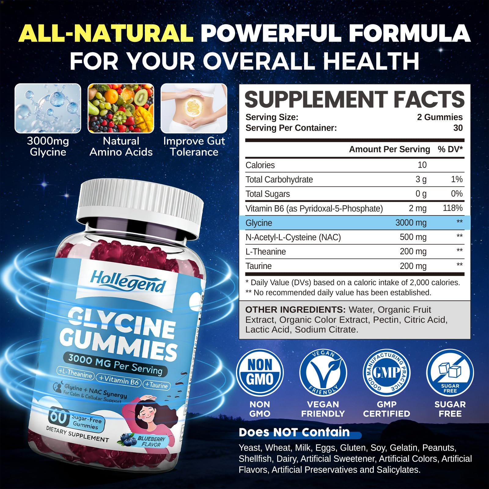 HOLLEGEND Glycine Gummies 3000MG side view showing gummies