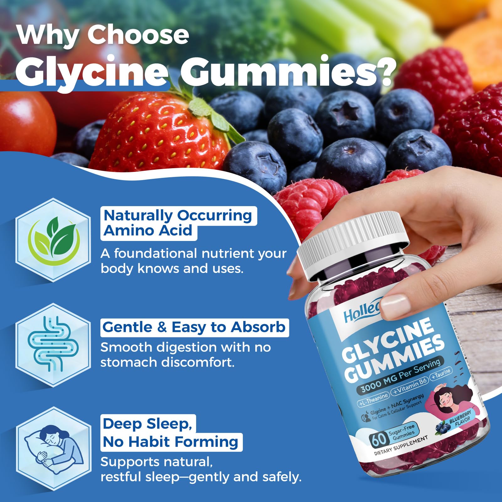 HOLLEGEND Glycine Gummies 3000MG with other supplements