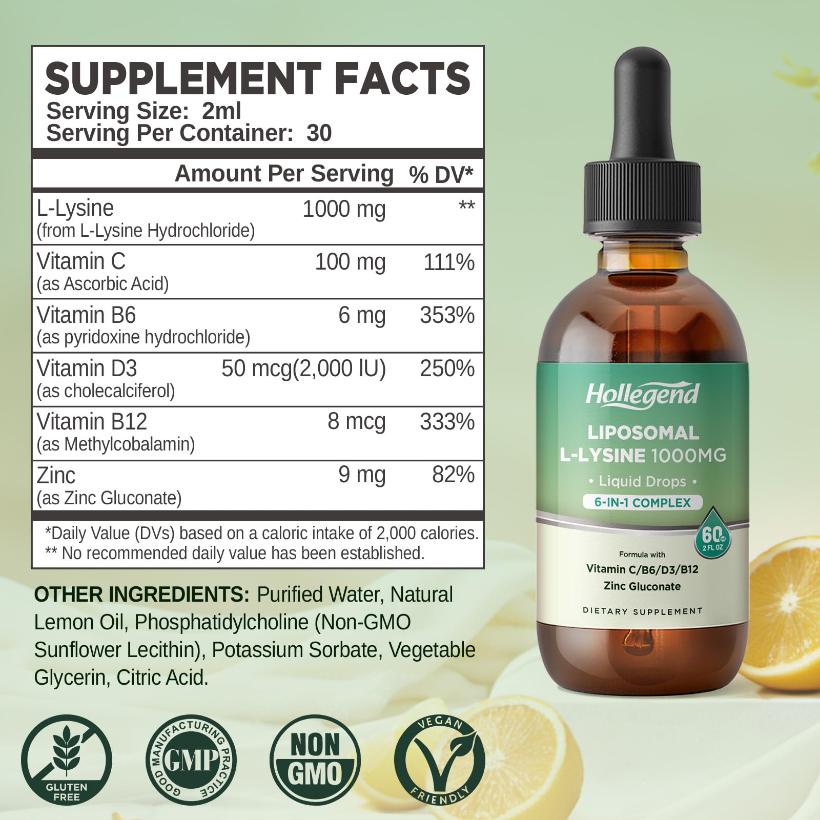 HOLLEGEND L-Lysine Liquid Drops bottle side view