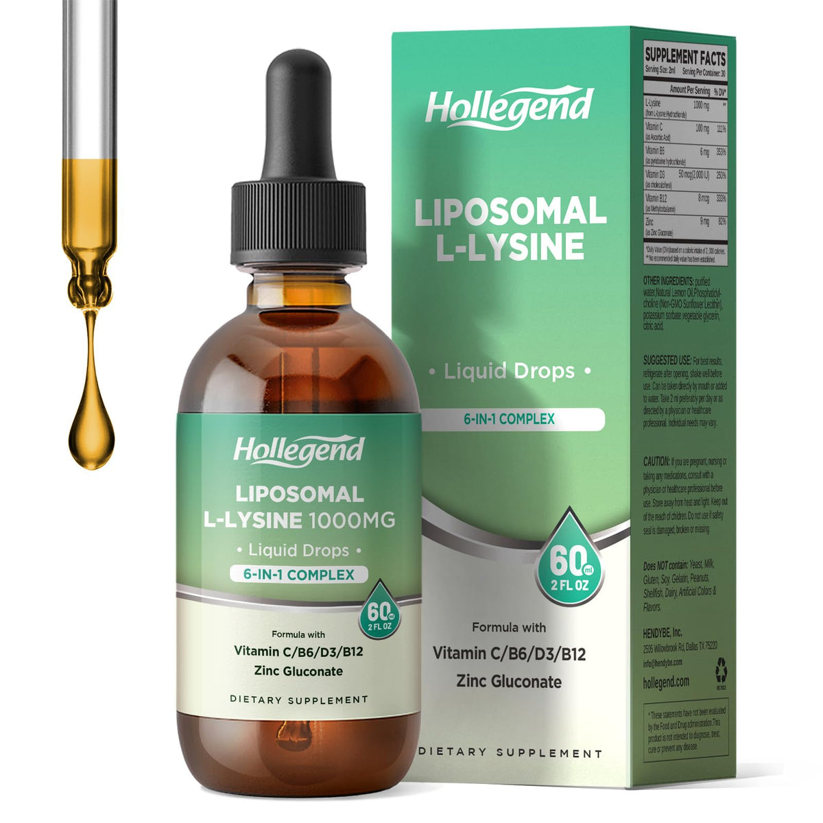 HOLLEGEND L-Lysine Liquid Drops front view with packaging