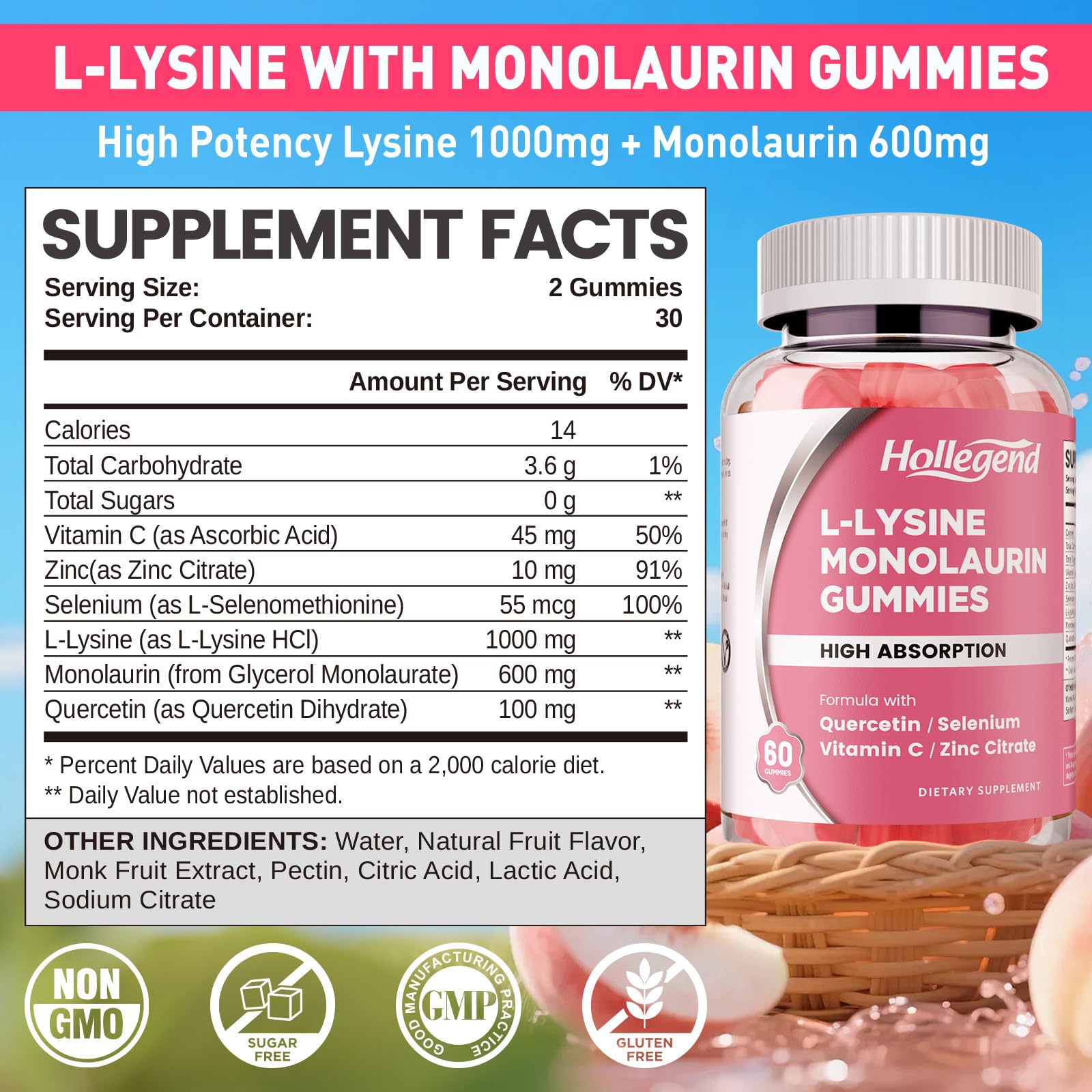 HOLLEGEND L-Lysine Monolaurin Gummies peach flavour close-up