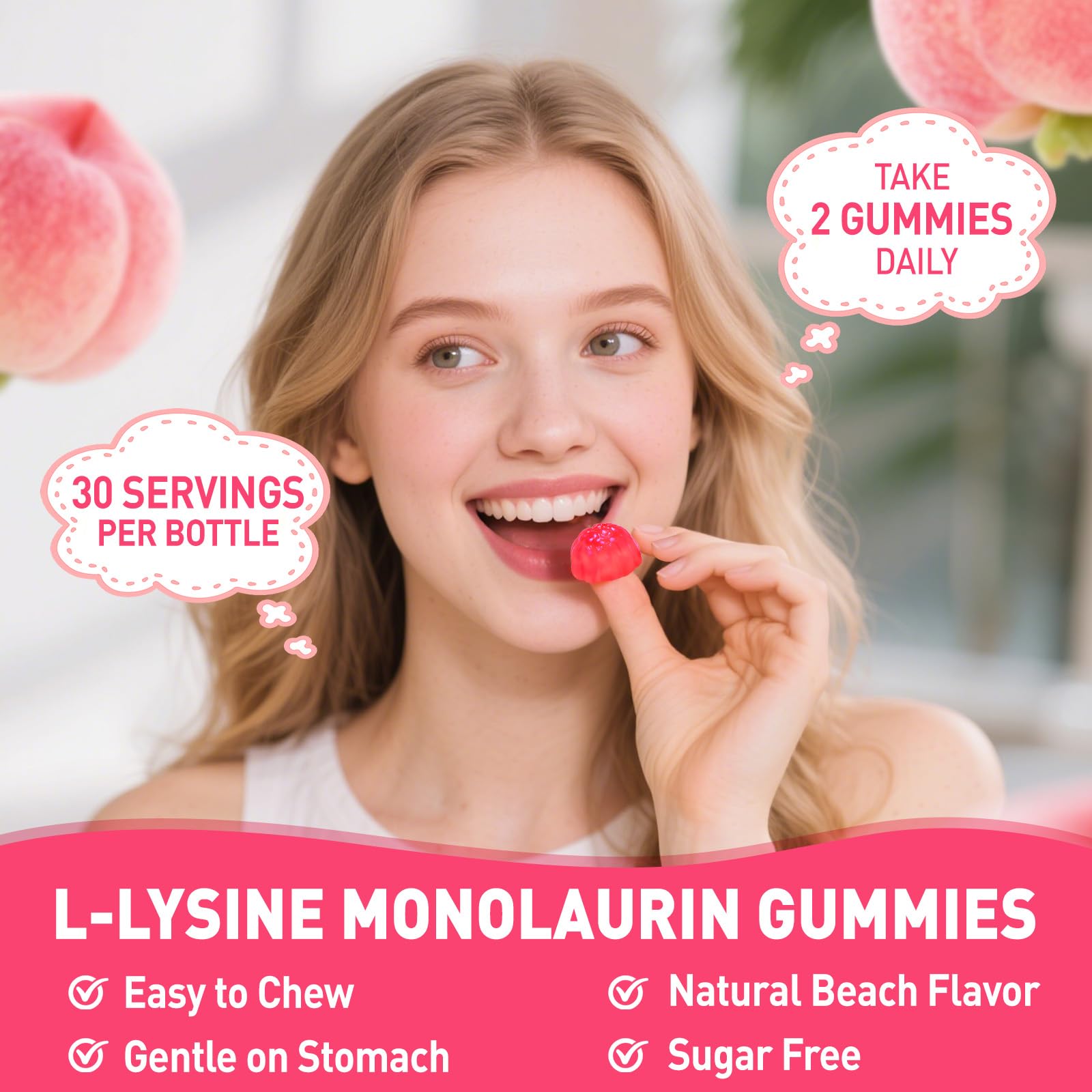 HOLLEGEND L-Lysine Monolaurin Gummies serving size on a spoon