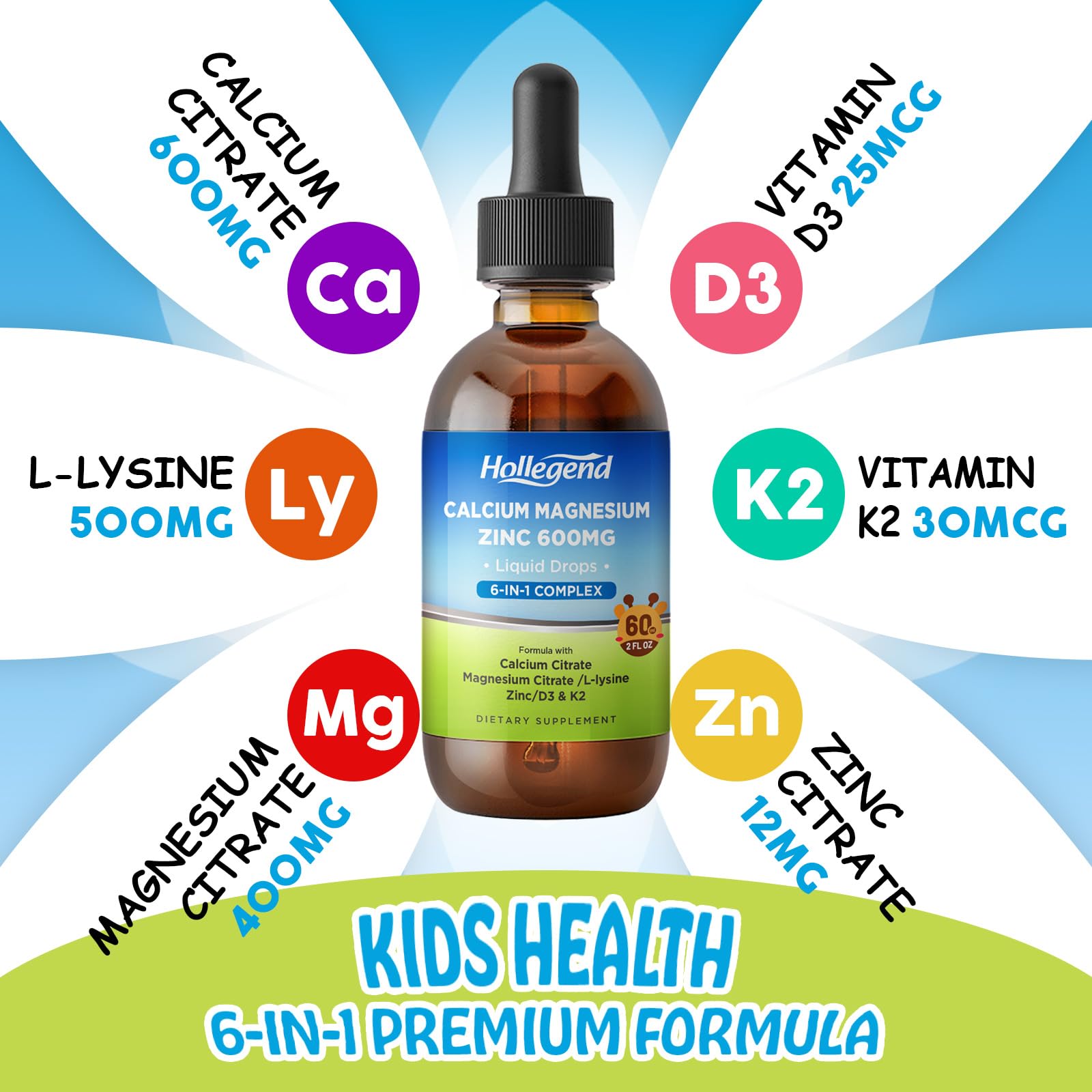 HOLLEGEND Liquid Calcium Magnesium Zinc Drops back label showing ingredients